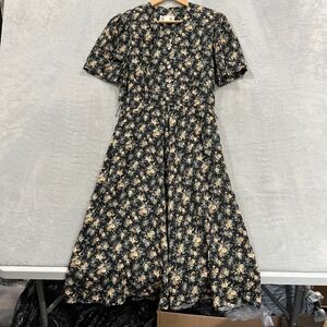 Vintage ED Michaels Dress 13/14 Petite Dark Floral Puff Sleeve Cottagecore Roses